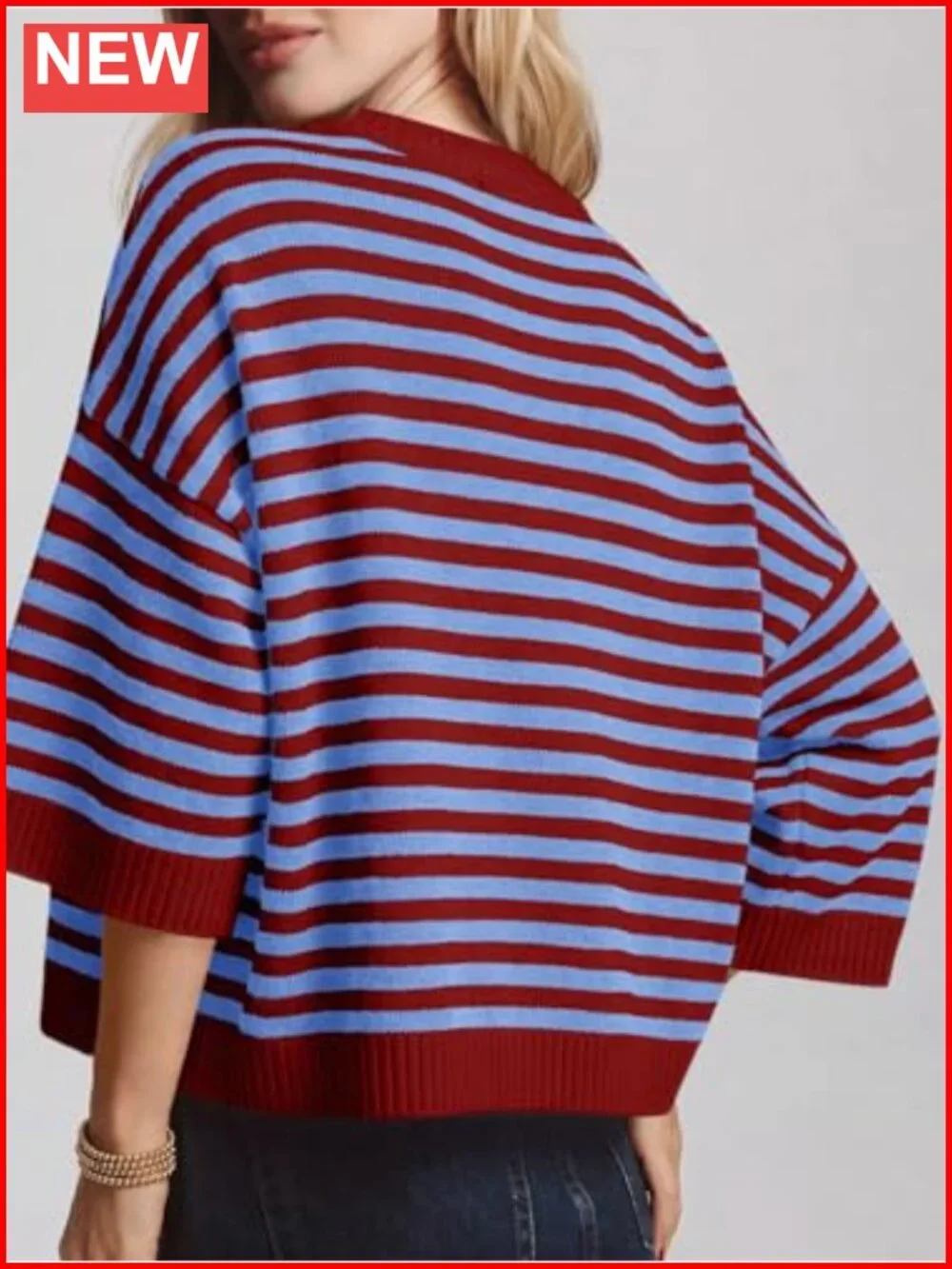 Womens Short Sleeve Striped Oversized Sweater Knit Pullover Top